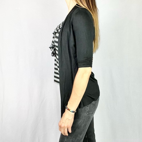 IZ BYER |🐼Black White Striped Faux Layered Mixed Media 1/2 Sleeves Loose Blouse - Picture 5 of 11